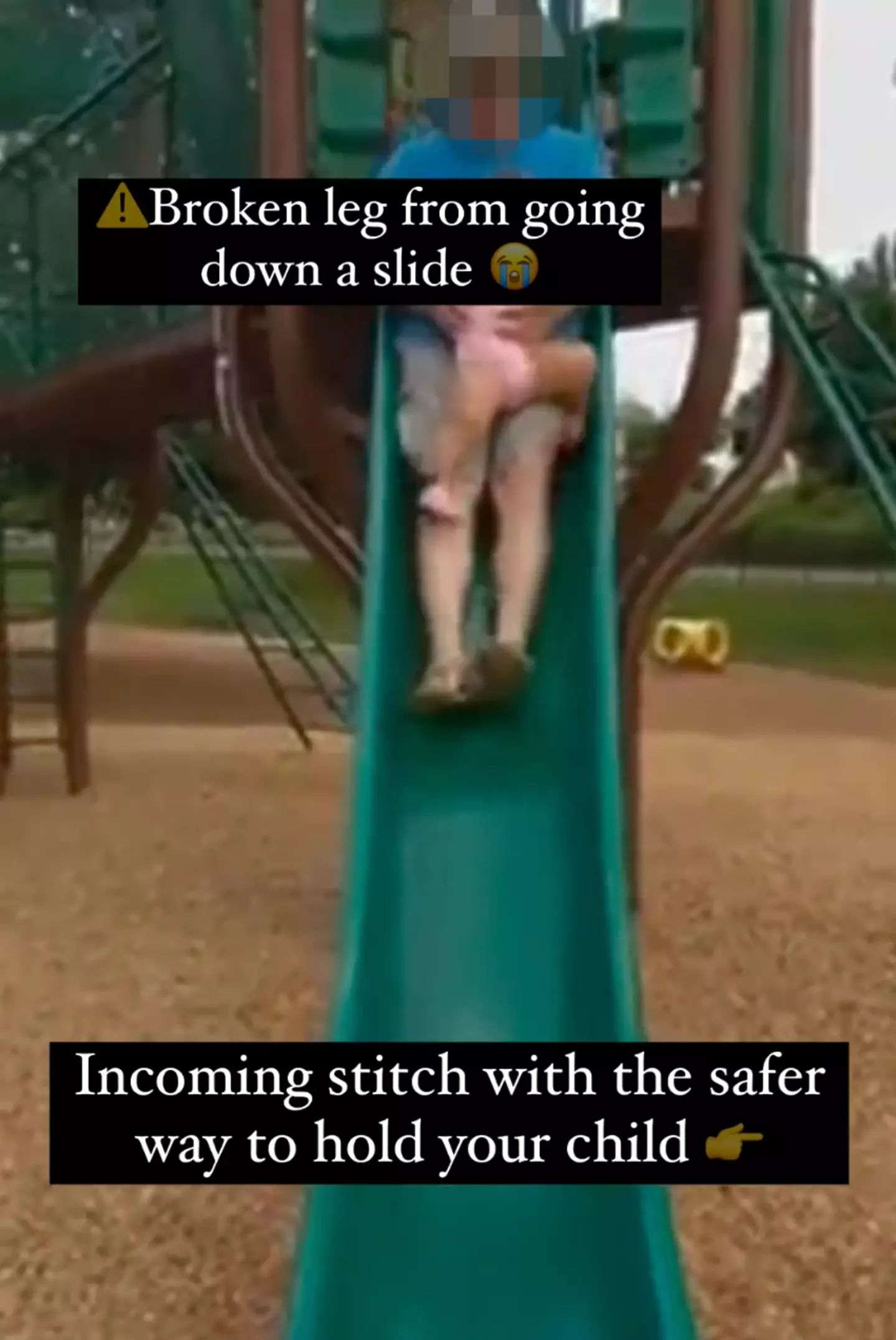 The shocking video shows the little girl's leg get caught while going down the slide.