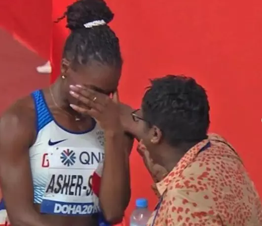 Dina Asher-Smith being comforted by her mother, Julie Asher-Smith, after disappointment during one of her competitions. (
