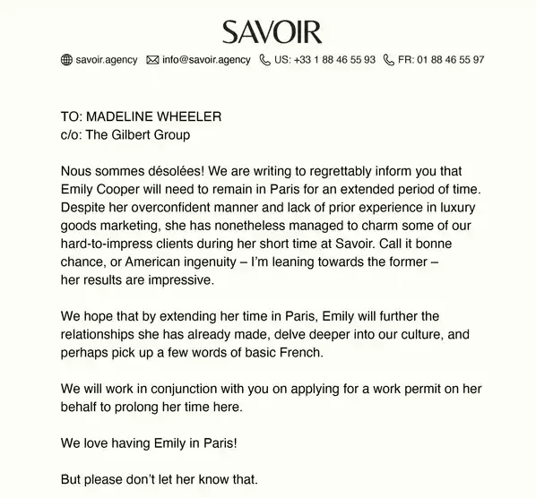 This teaser letter confirms Emily still has a job at the french agency (