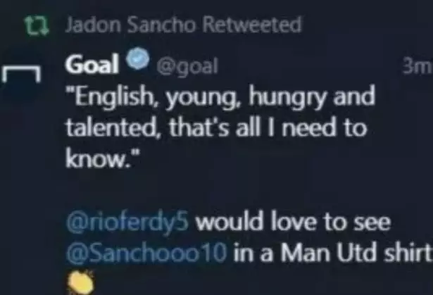 Sancho initially retweeted the Goal tweet. Image: Twitter