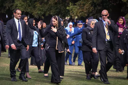 New Zealand Prime Minister Jacinda Ardern waves as she leaves Friday prayers at Hagley Park in Christchurch, New Zealand.