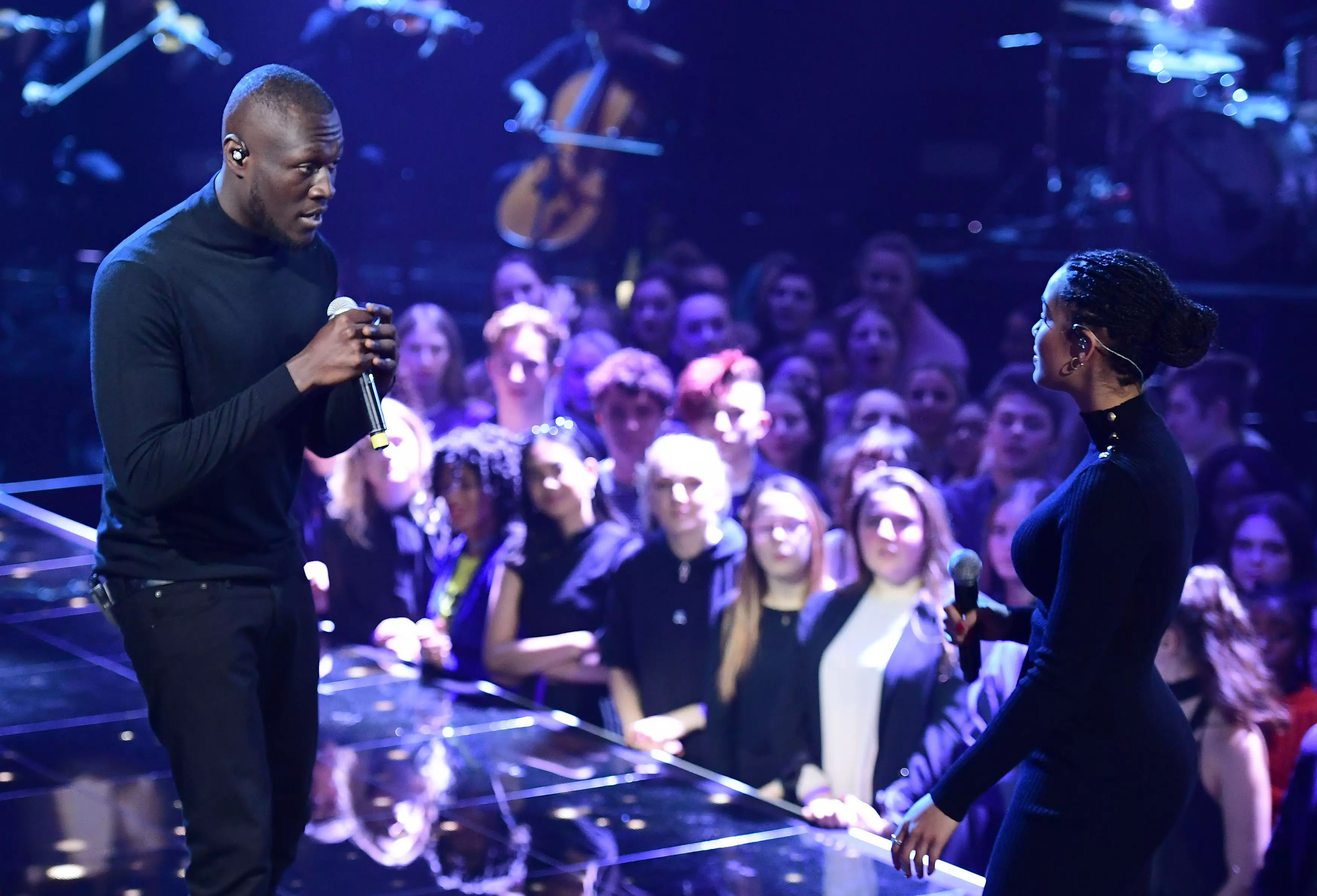Stormzy and Jorja performing at the 2018 BRIT Awards nominations event.
