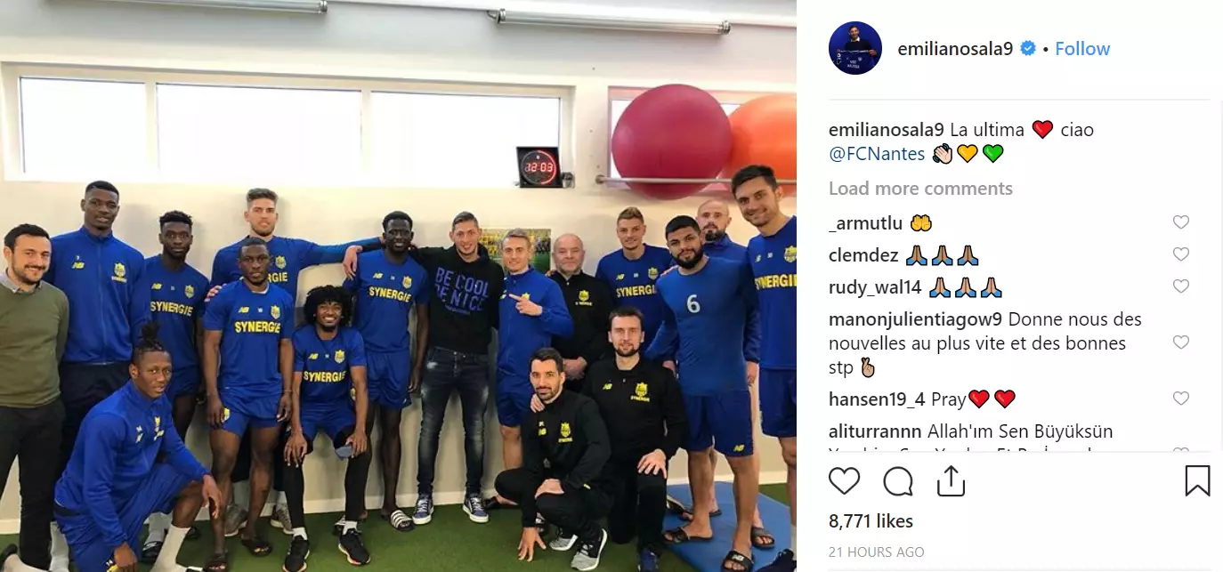 Sala said goodbye to his Nantes teammates on Instagram.