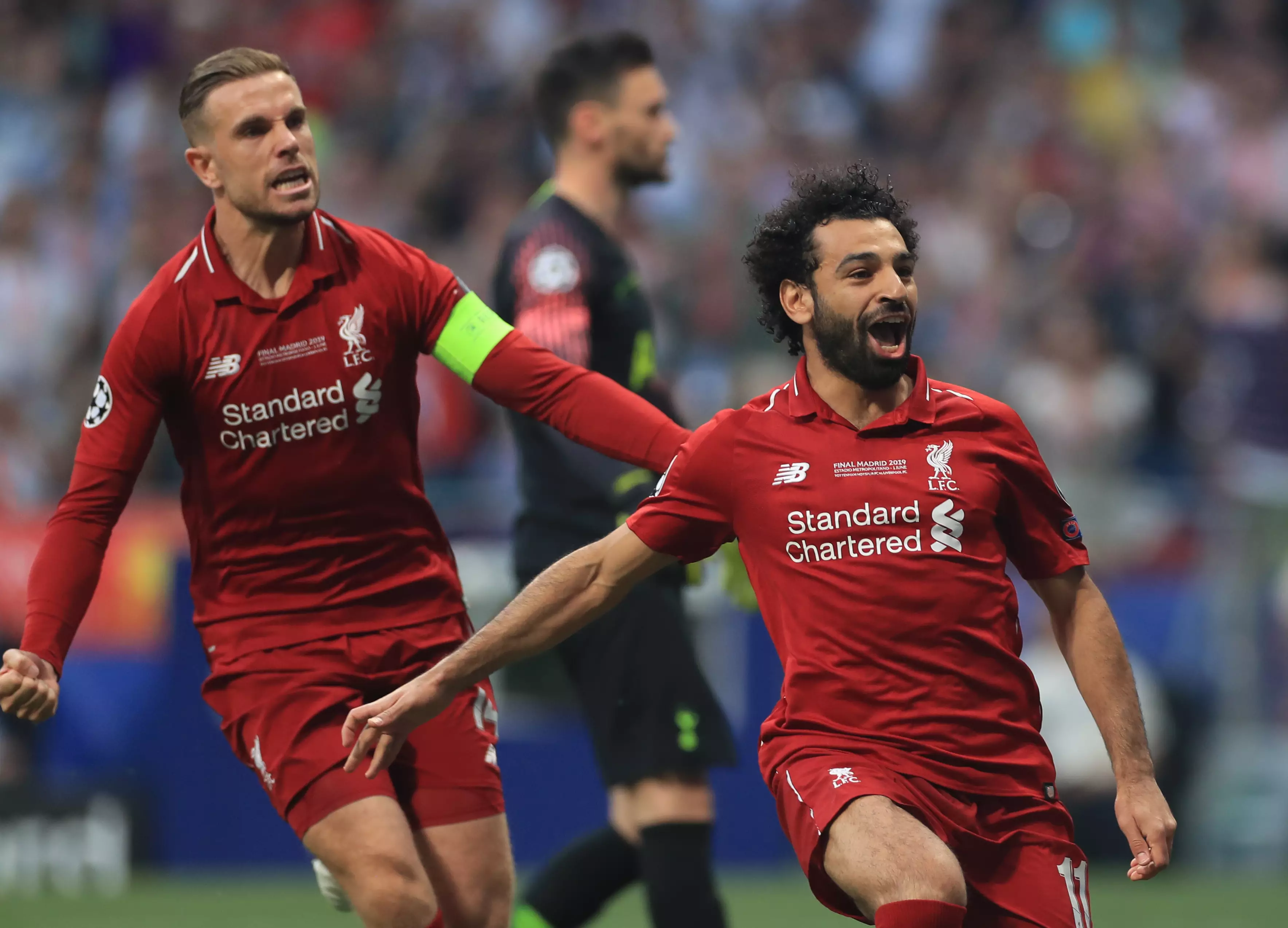 Mo Salah celebrates scoring the first goal against Spurs during the Champions League Final.
