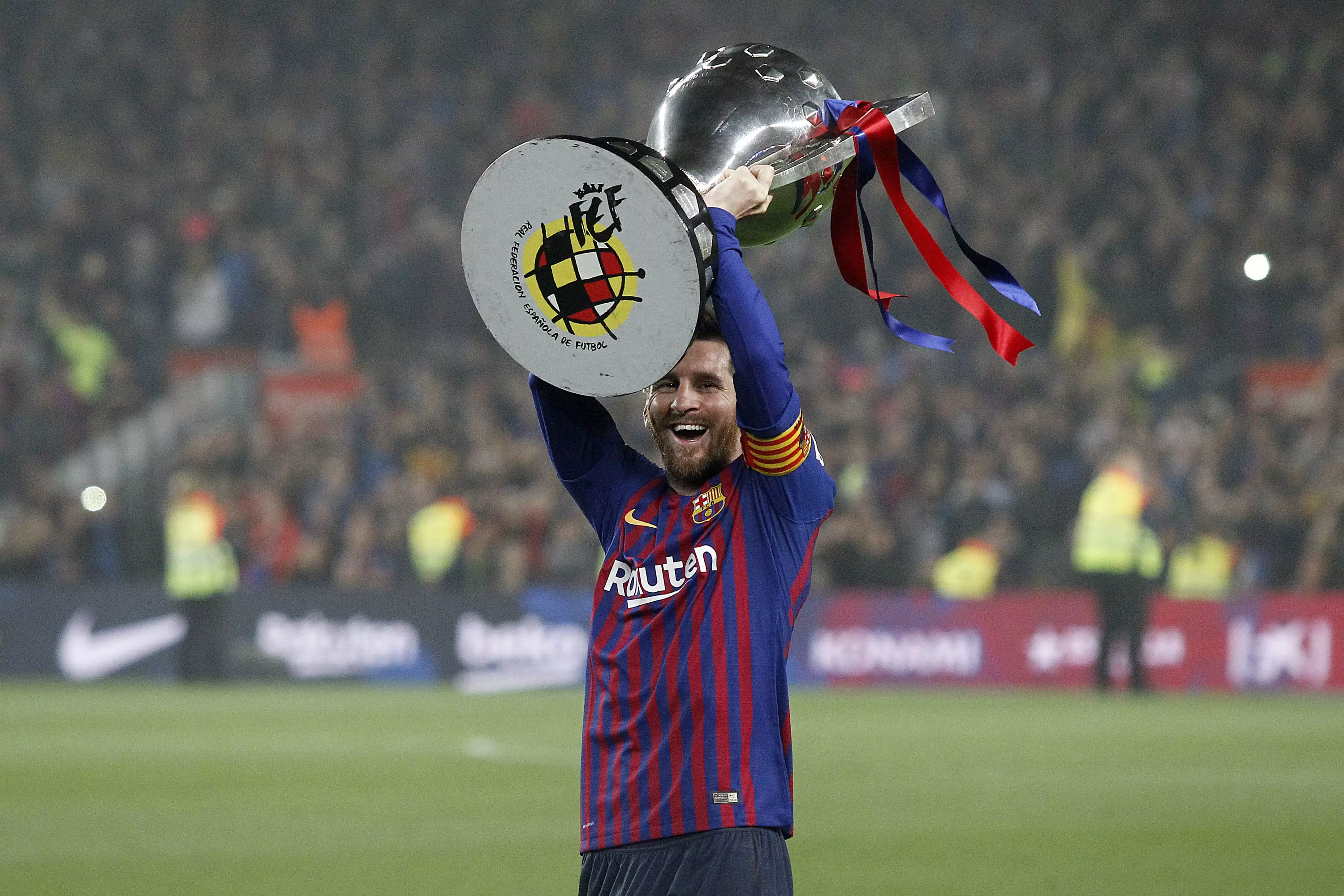 Messi with his first silverware of the season. Image: PA Images