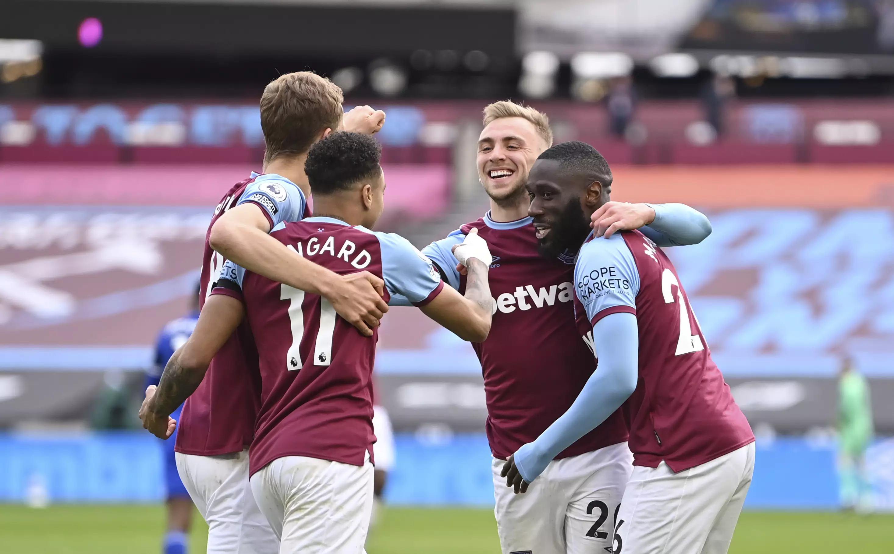 West Ham players celebrate their third goal on Sunday. Image: PA Images