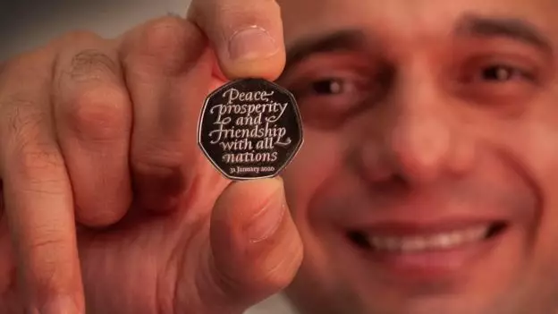 Sajid Javid with the new Brexit 50p.