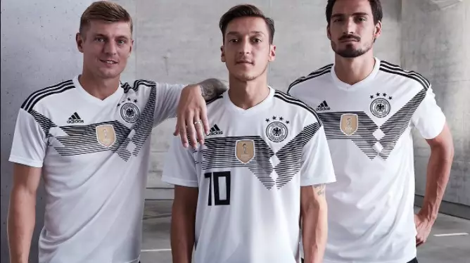 The lines across the chest on Germany's kit is a throwback to the 1990 kit. Image: Adidas. 