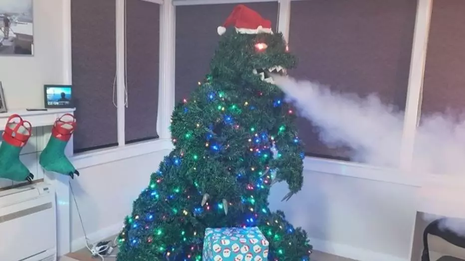 Dad Creates Smoke-Breathing Godzilla Christmas Tree Before Auctioning It Off 