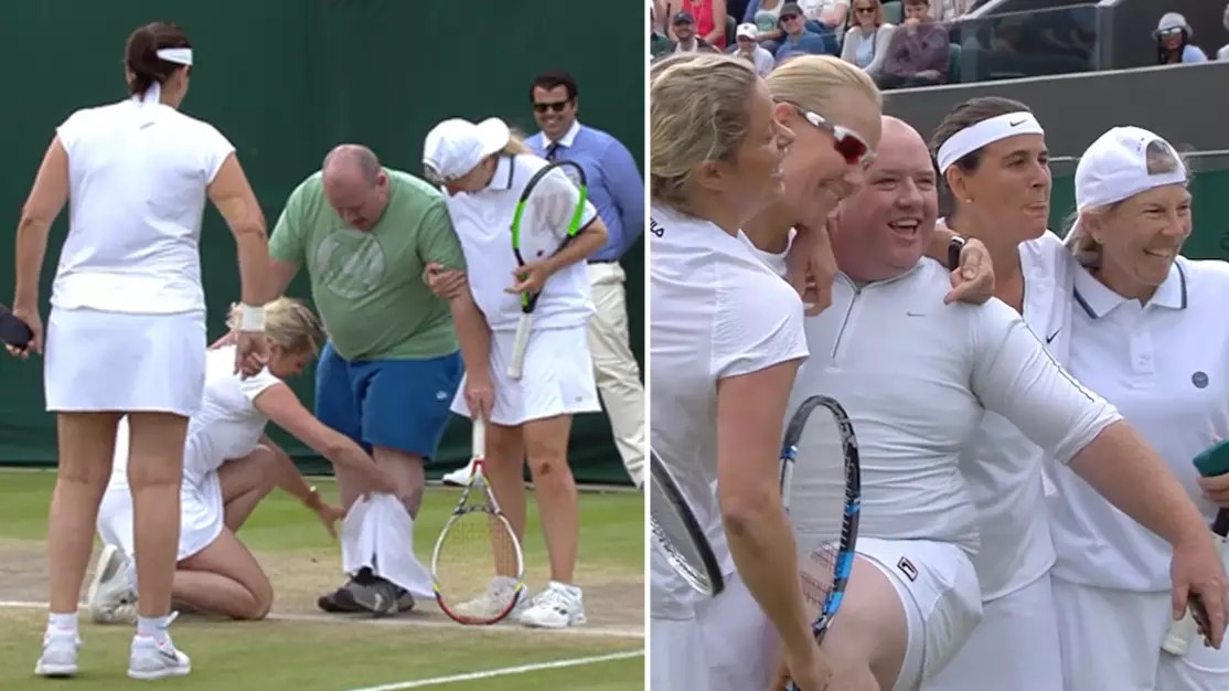 Wimbledon Spectator Dons White Skirt As He Joins Kim Clijsters On Court