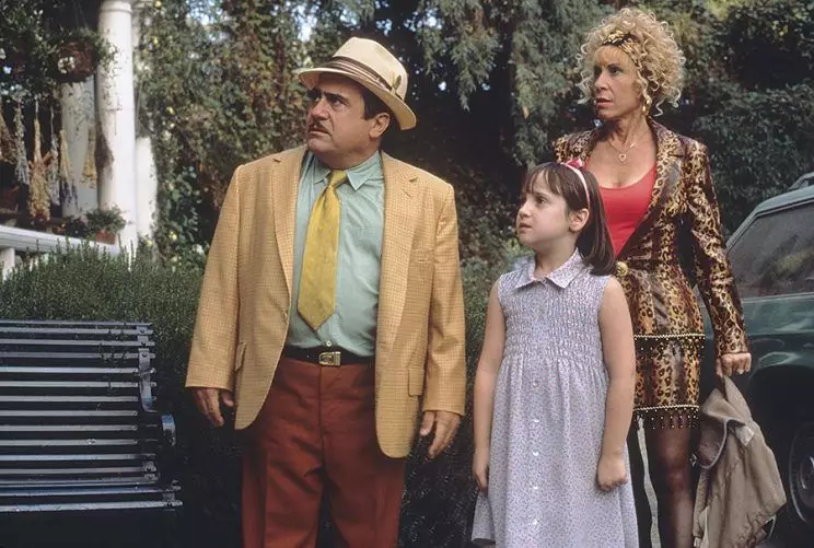 Danny DeVito with Mara Wilson (Matilda Wormwood) and Rhea Perlman as Zinnia Wormwood.