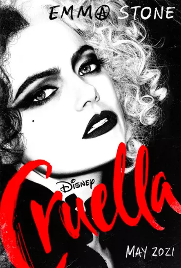 In the image, Emma can be seen as Cruella, with the iconic black and white Cruella hair and dark lipstick (
