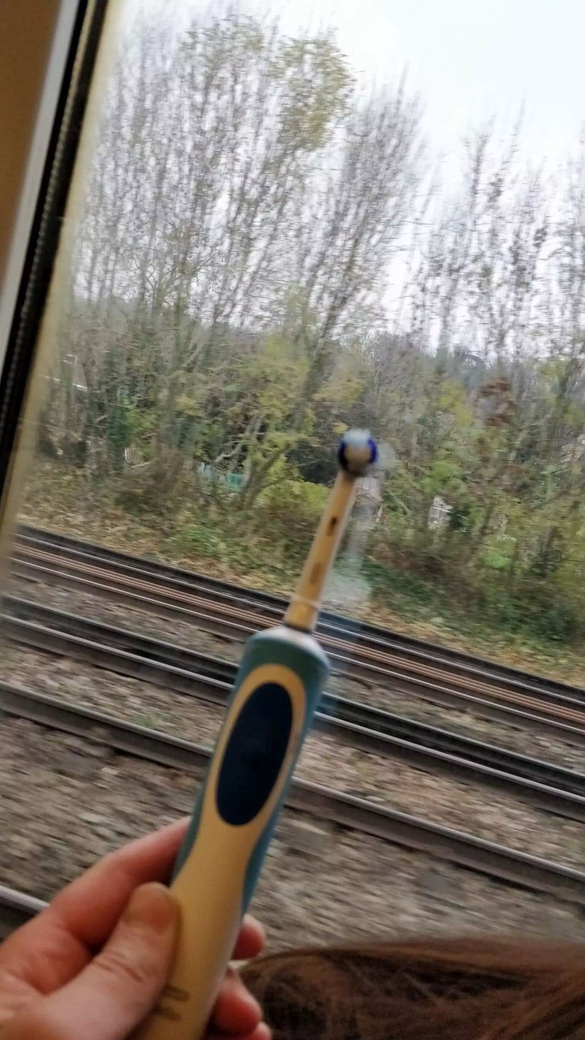 The toothbrush on it's first journey to London.