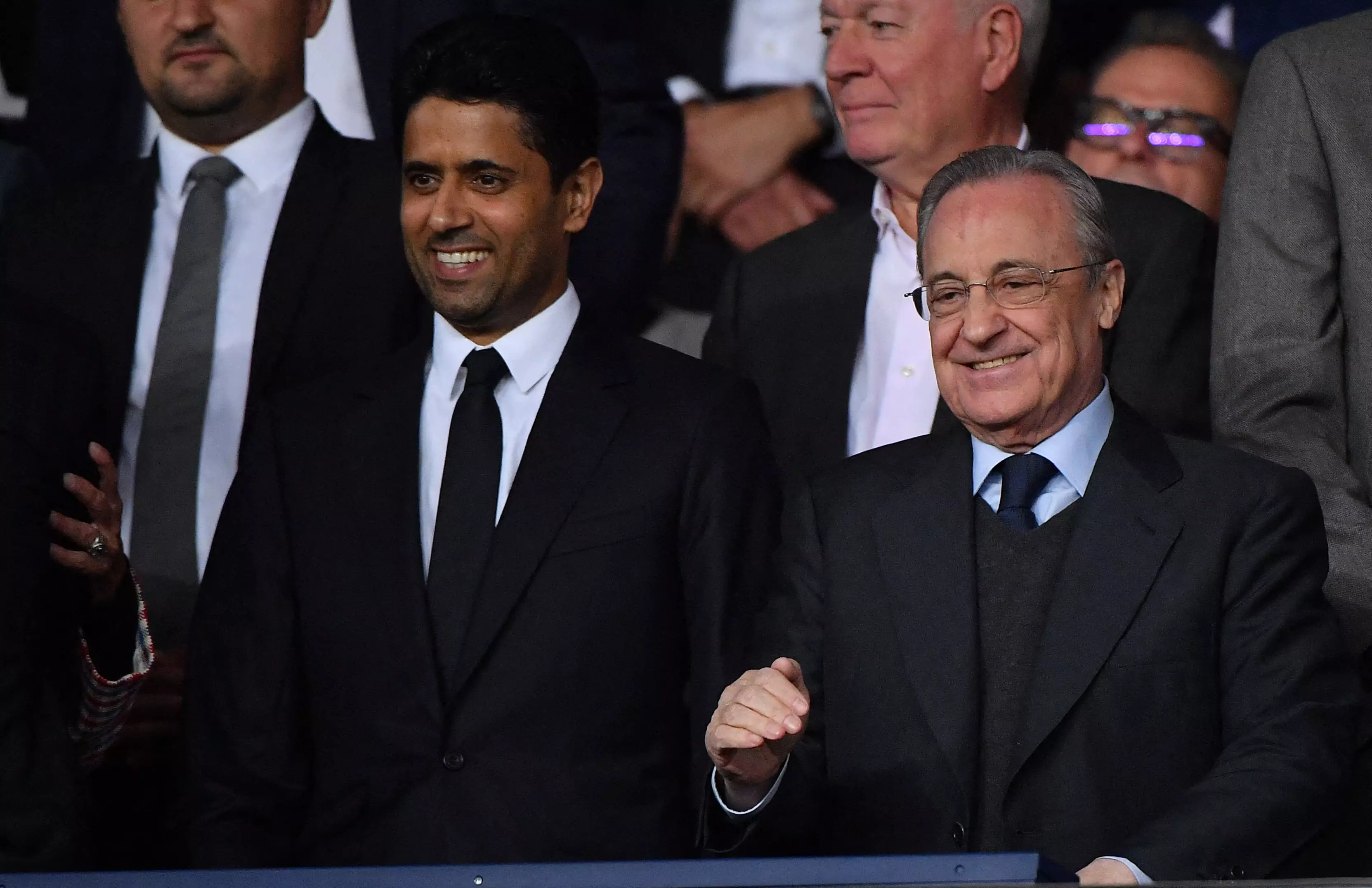 Perez with PSG president Nasser Al-Khelaifi in 2019, maybe they were plotting the whole thing... Image: PA Images