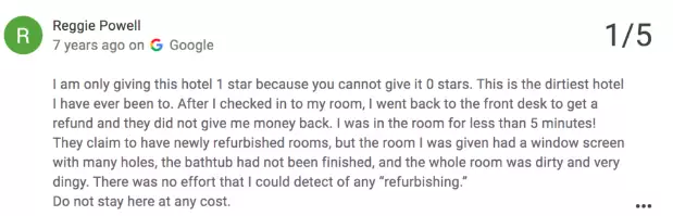 One reviewer wanted to give the hotel 0 stars (