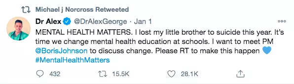 Mick Norcross retweeted Dr Alex's tweet about mental health (