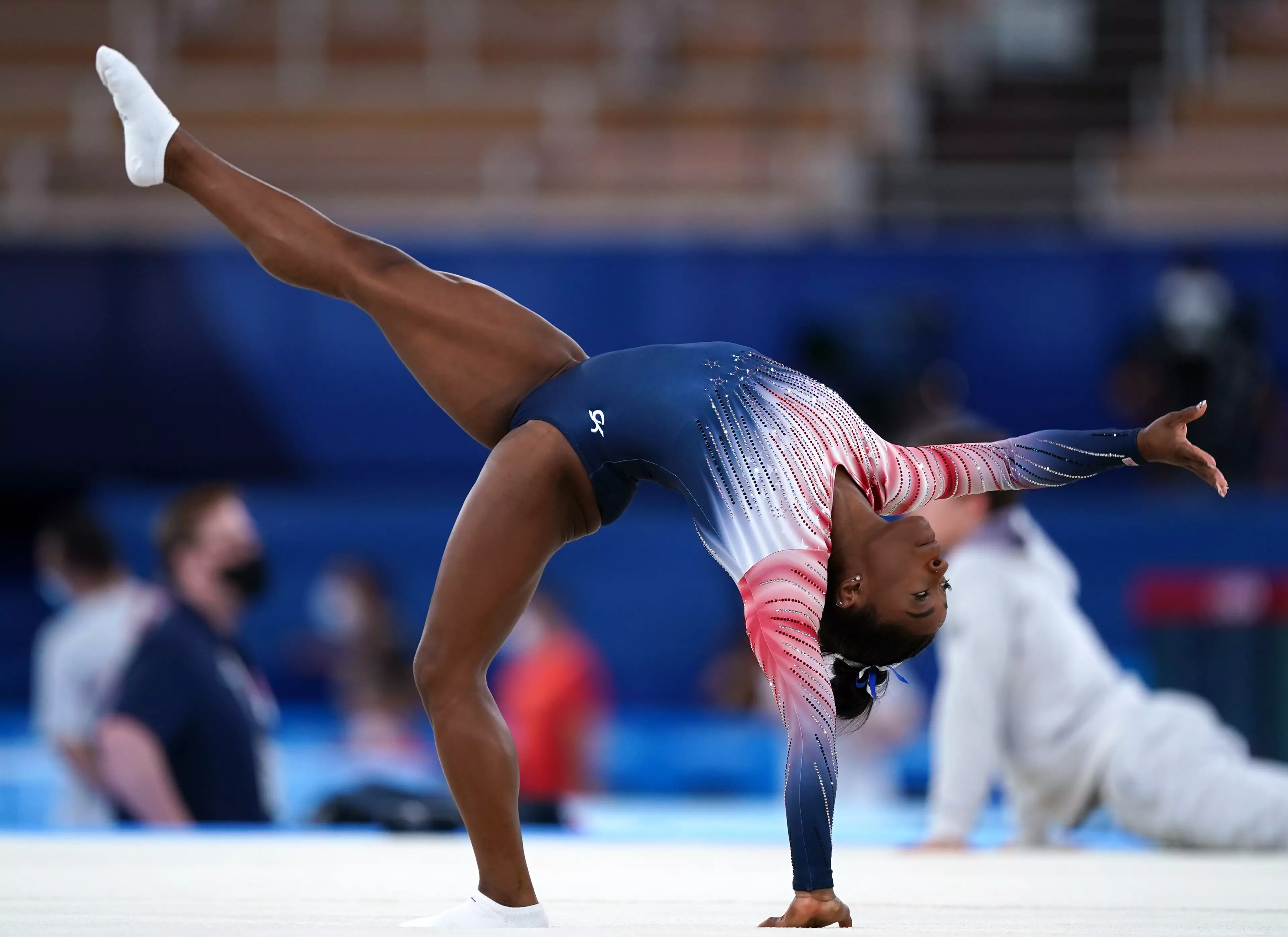 USA's Simone Biles prepares for the Women's Balance Beam Final at Ariake Gymnastic Centre. (