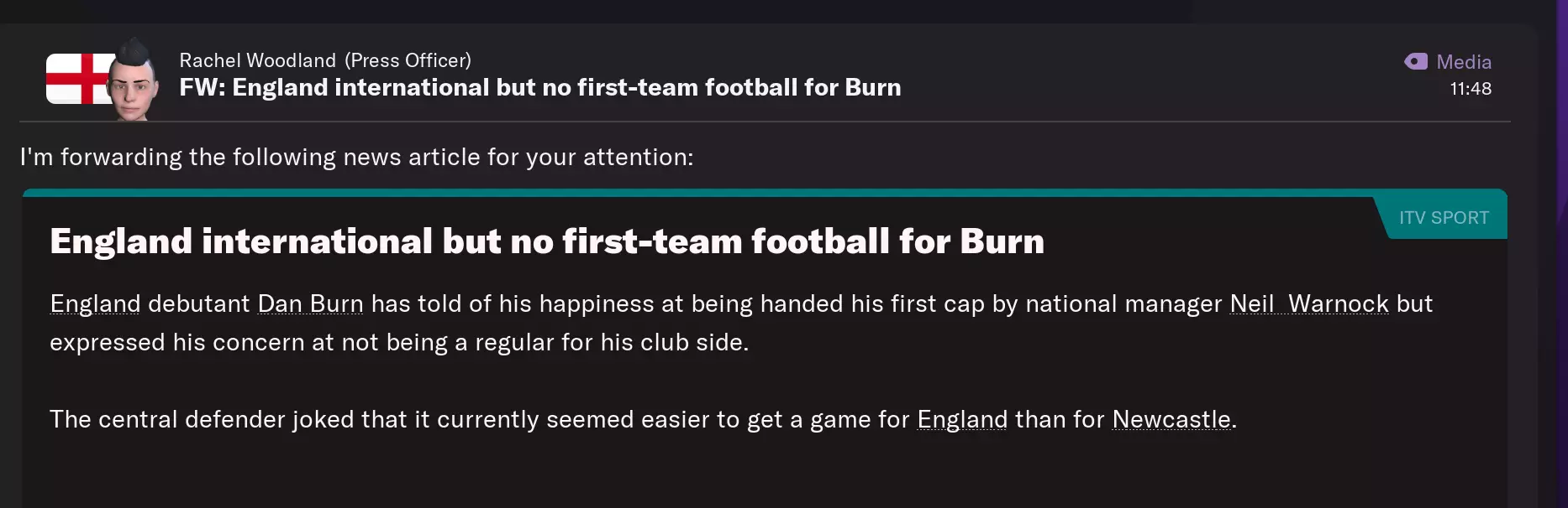 Newcastle defender Dan Burn is 'surprised and nervous' to be part of the England set-up. Image credit: Football Manager 2022
