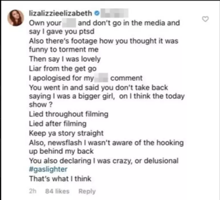 Lizzie took to Instagram to respond to Sam's claims (