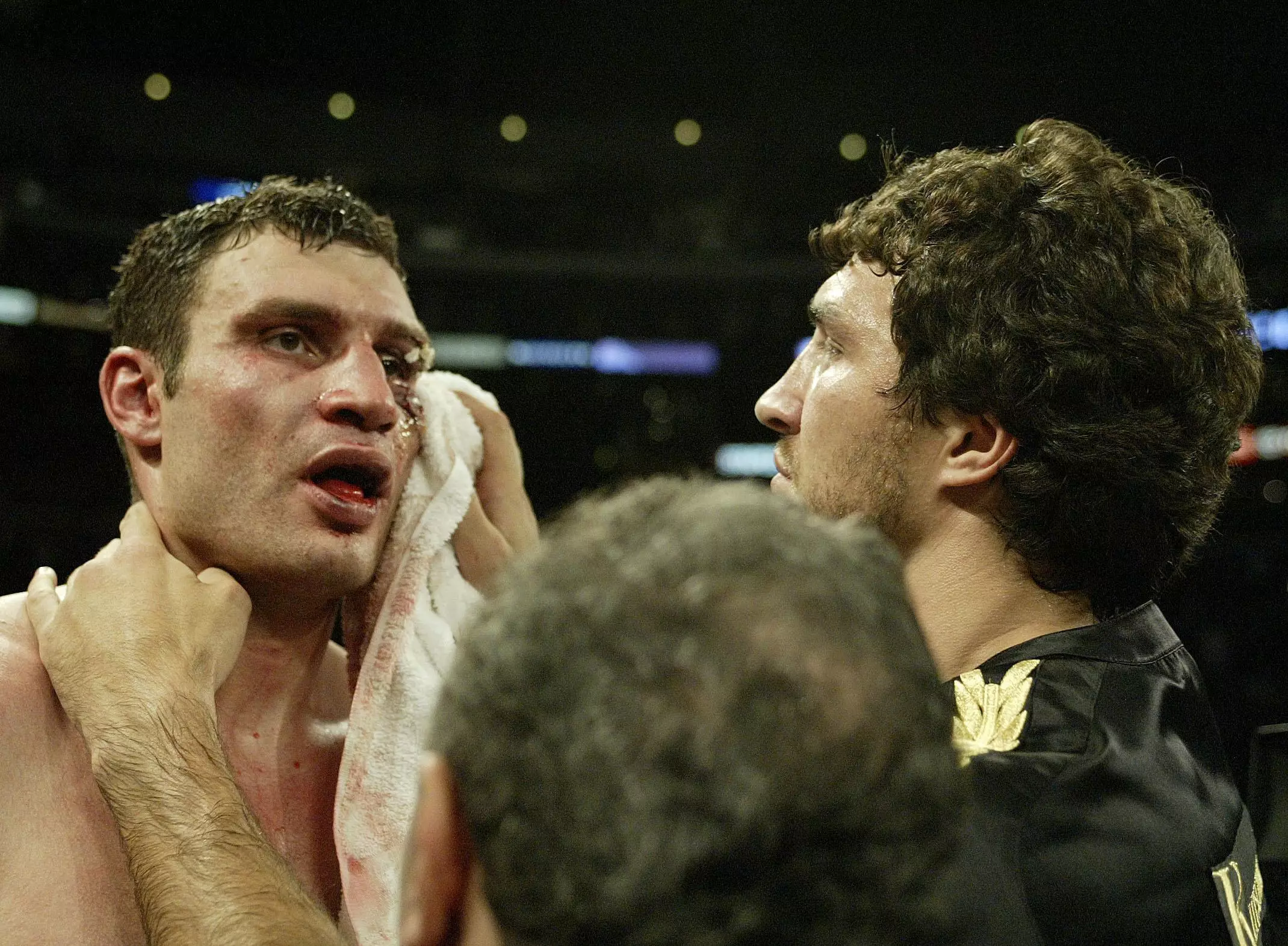 Vitali's corner attempt to clean up his face. Image: PA