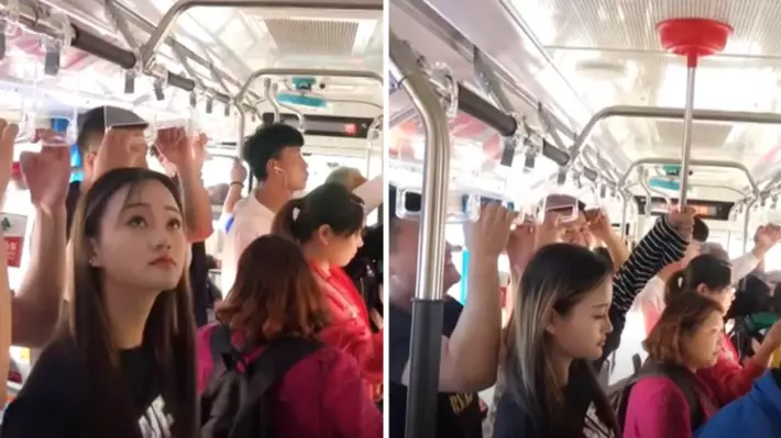 Woman's Solution To Being Too Short For The Handles On The Bus Is Genius