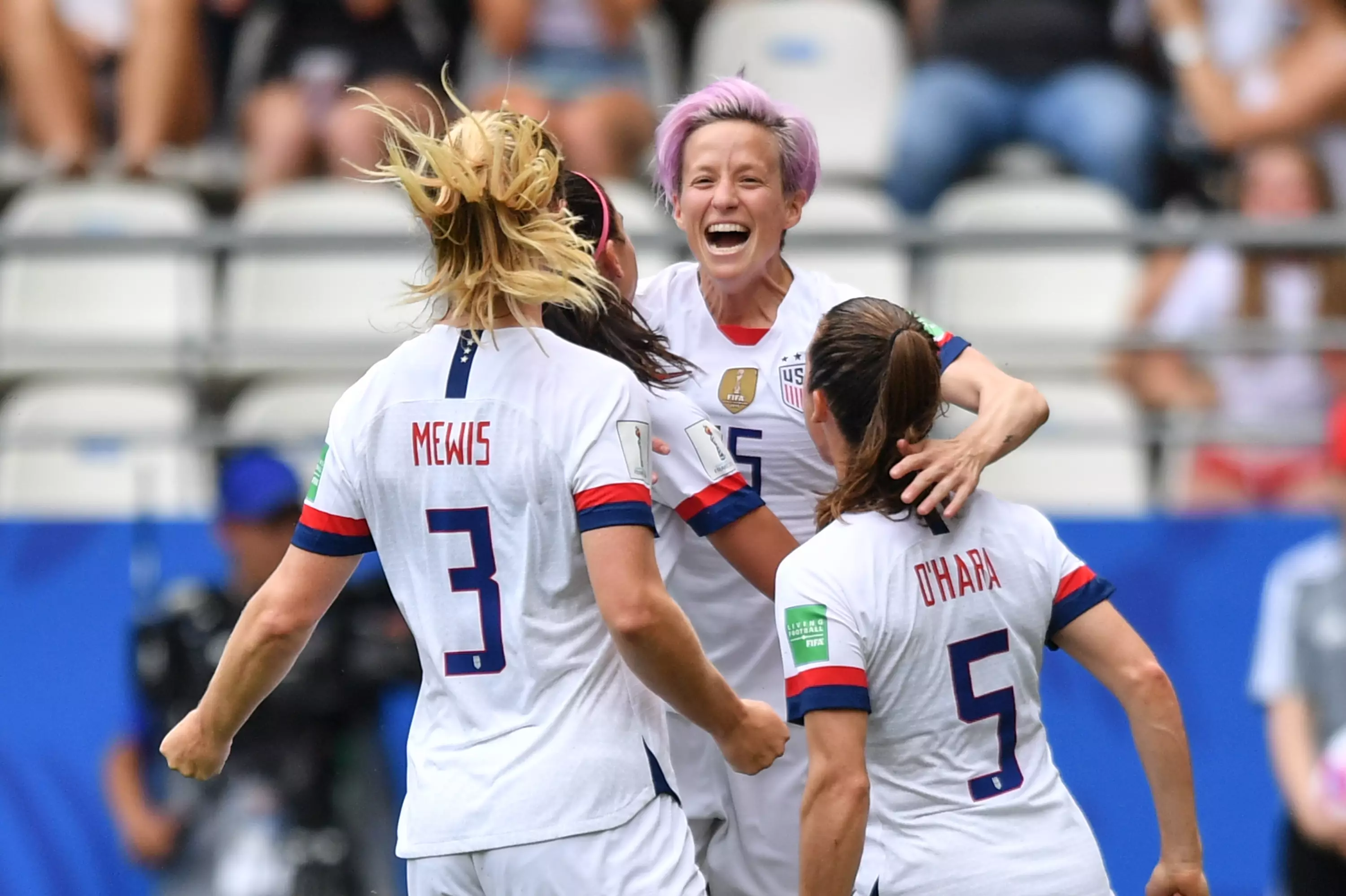 Rapinoe celebrates her second penalty of the match. Image: PA Images