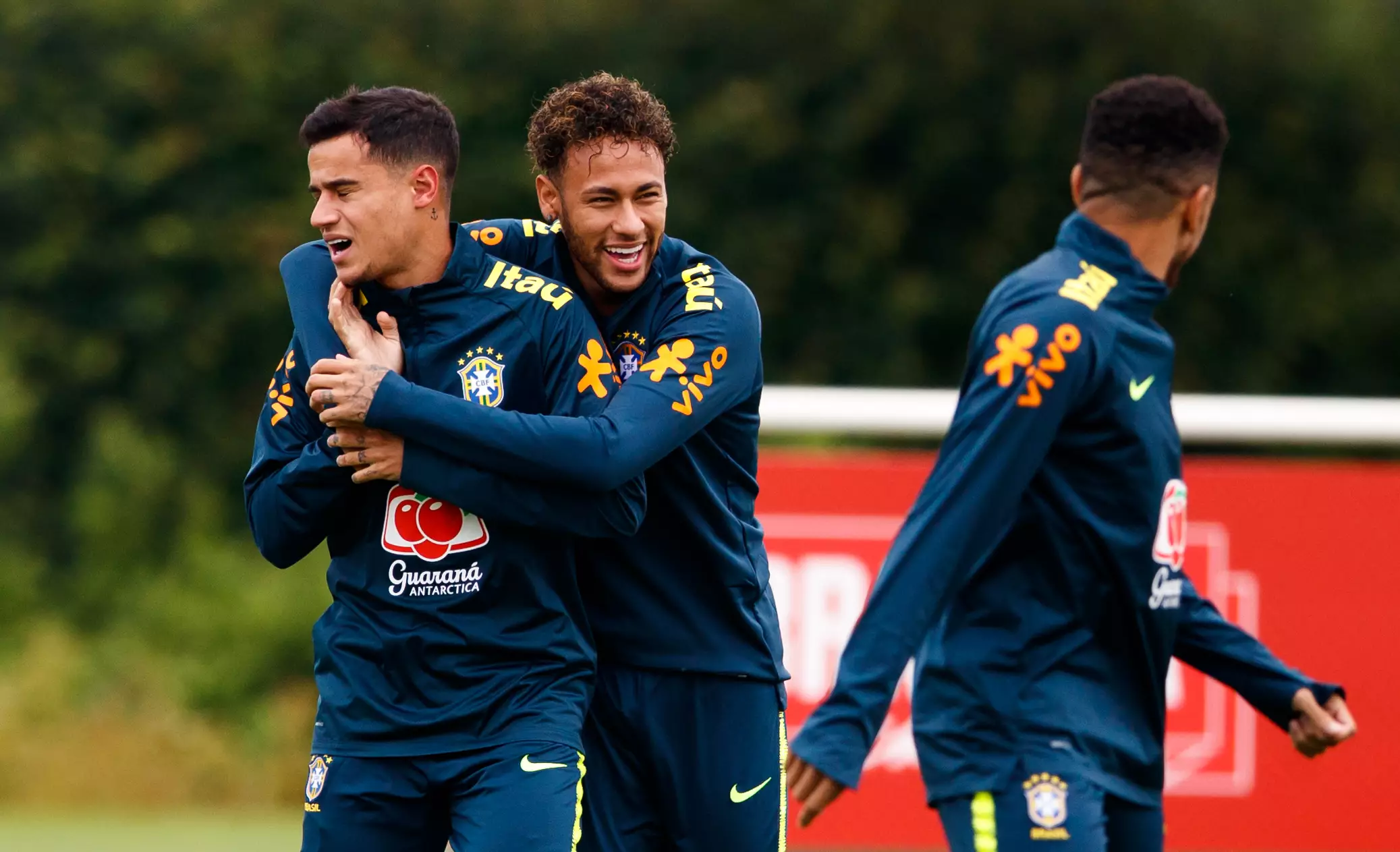 Neymar and Coutinho joke around training. Image: PA