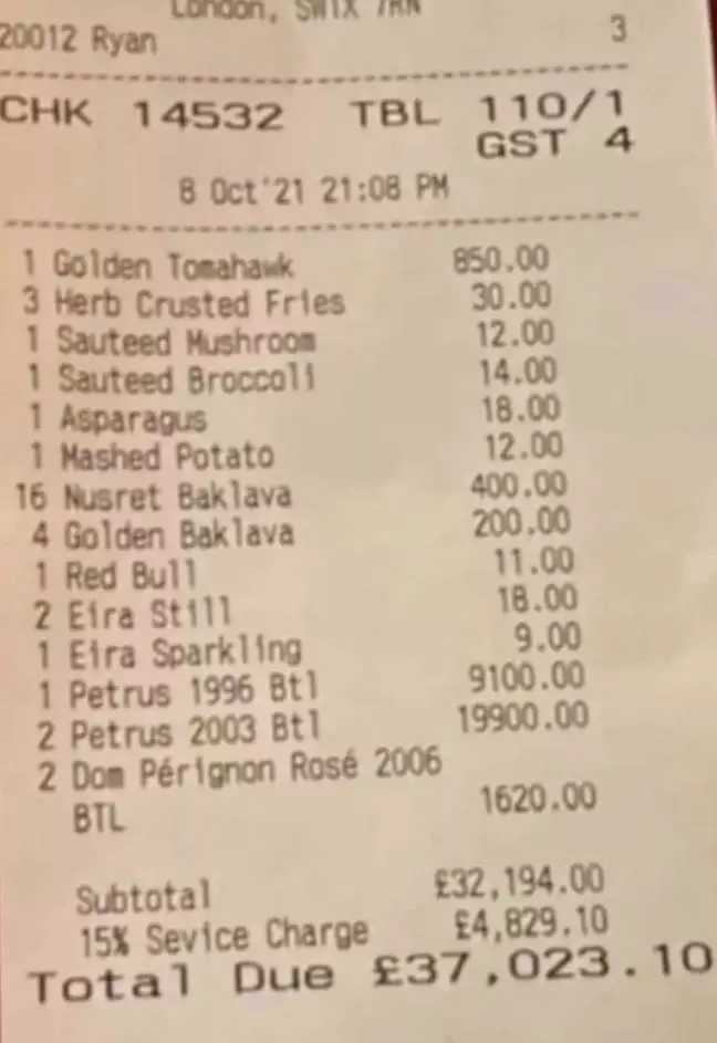 The jaw-dropping bill at Salt Bae's Nusr Et restaurant in London.