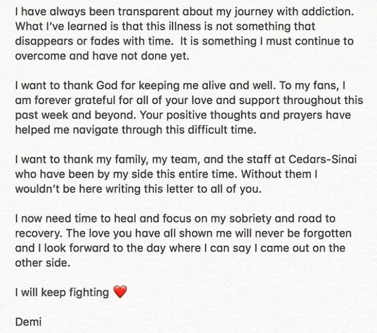 Demi Lovato's note addressing the issue on Instagram.