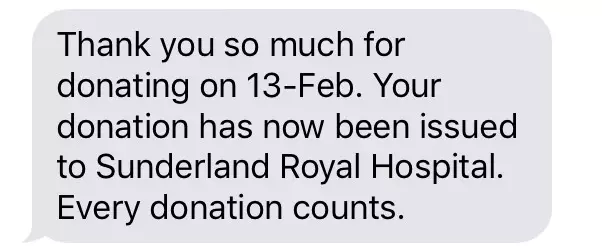 Once you've donated, you'll receive a text like this telling you where your blood was used.