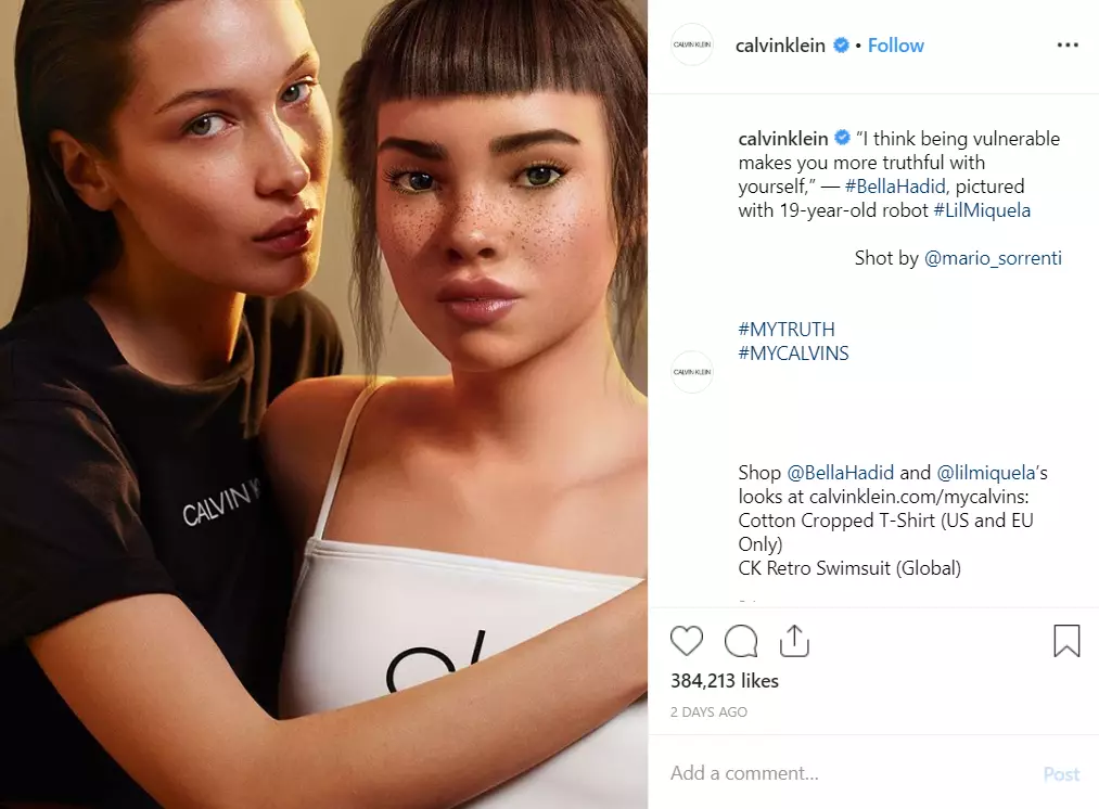 Bella Hadid and Lil Miquela in a promotional shot.
