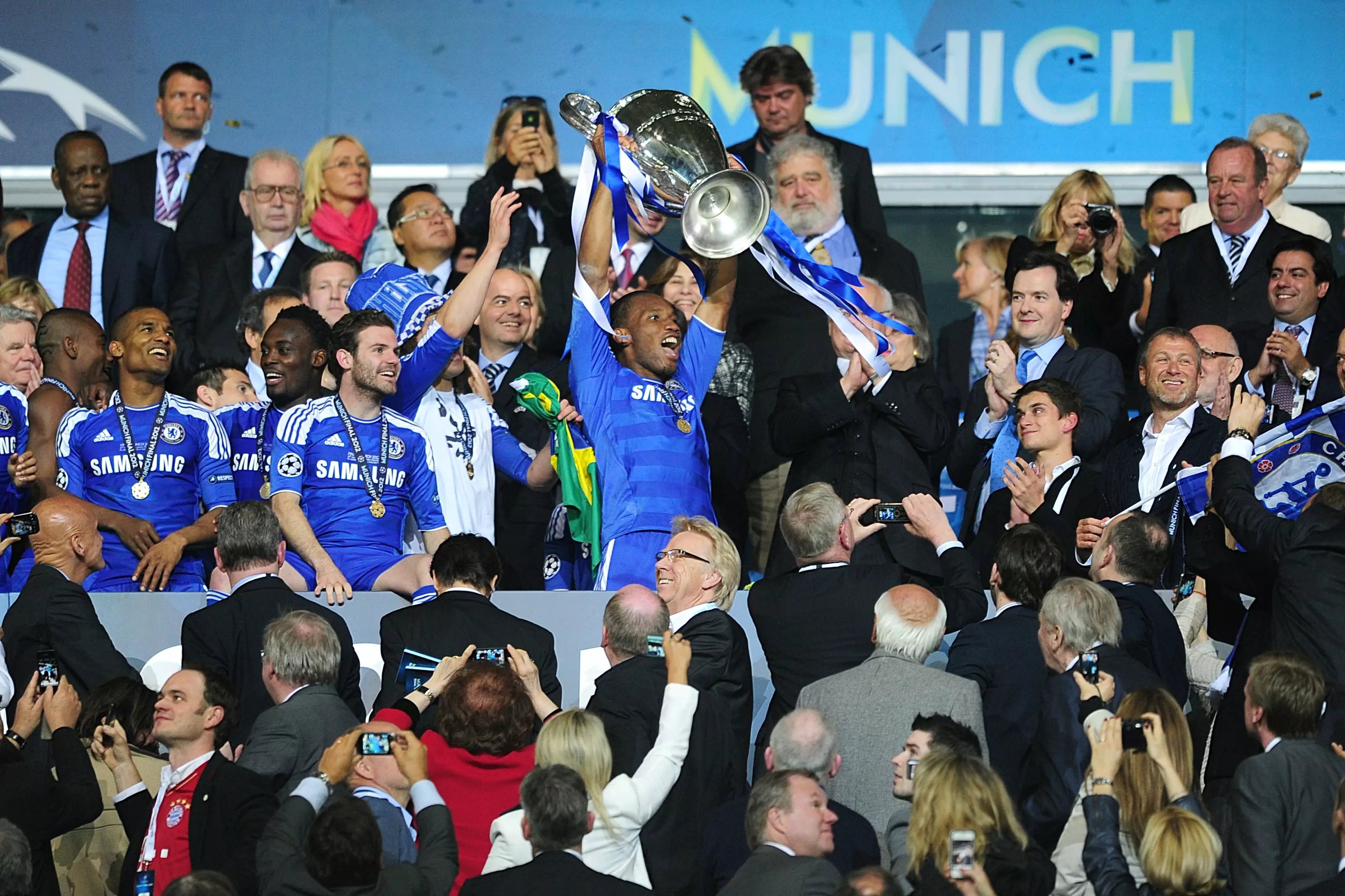 Drogba holds aloft the Champions League trophy. Image: PA