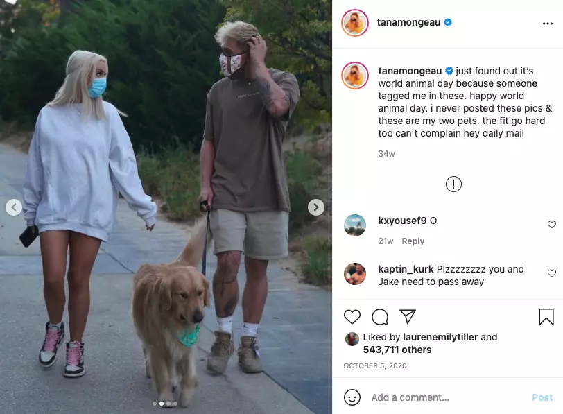 Tana Mongeau and Jake Paul were spotted out walking during lockdown in 2020 (