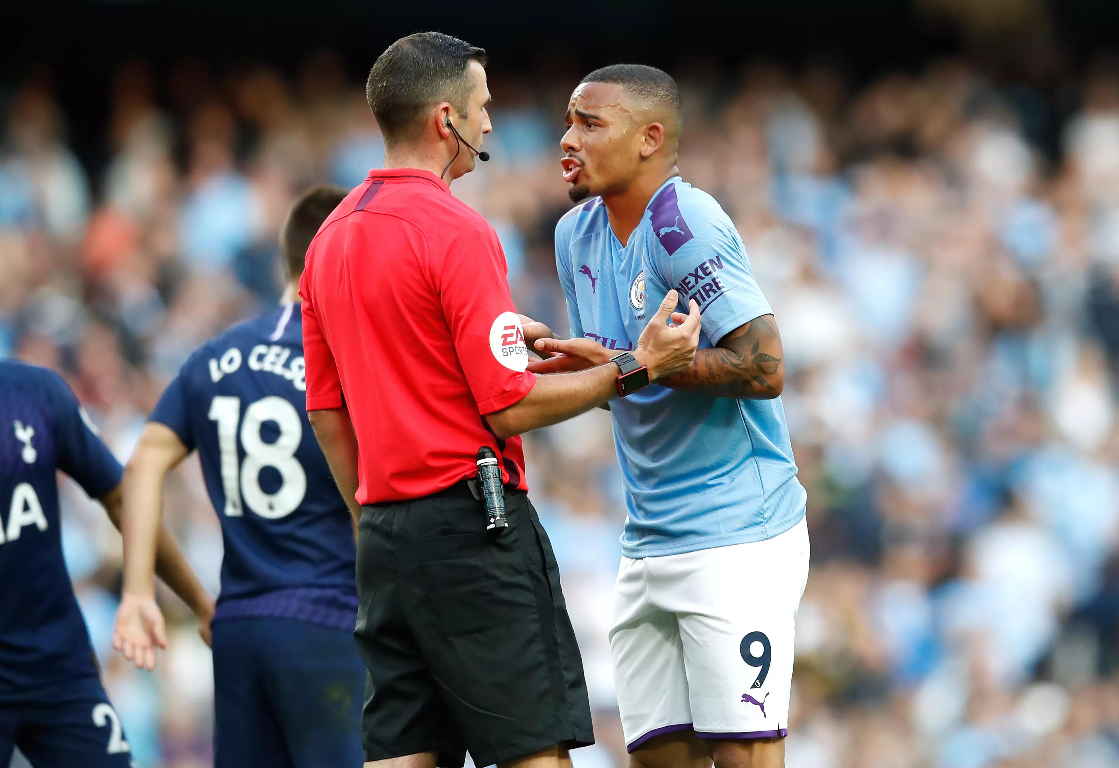 Gabriel Jesus protests his goal against Tottenham being ruled out (Image