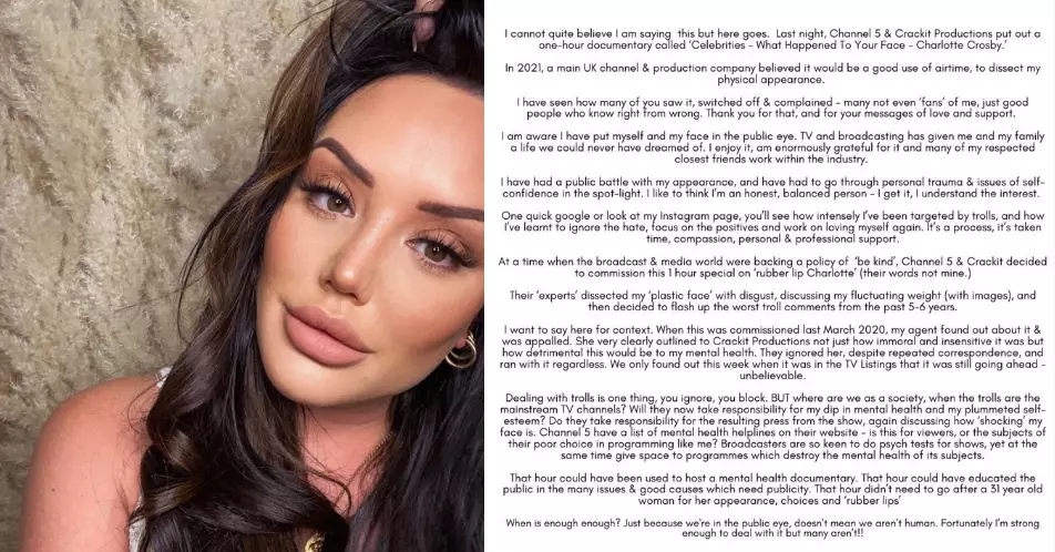 Charlotte Crosby released a statement after Channel 5 aired a documentary about her appearance (