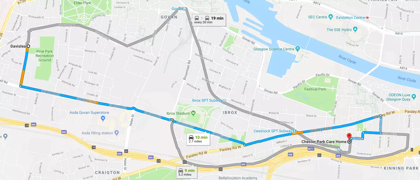 The distance between the two care homes.
