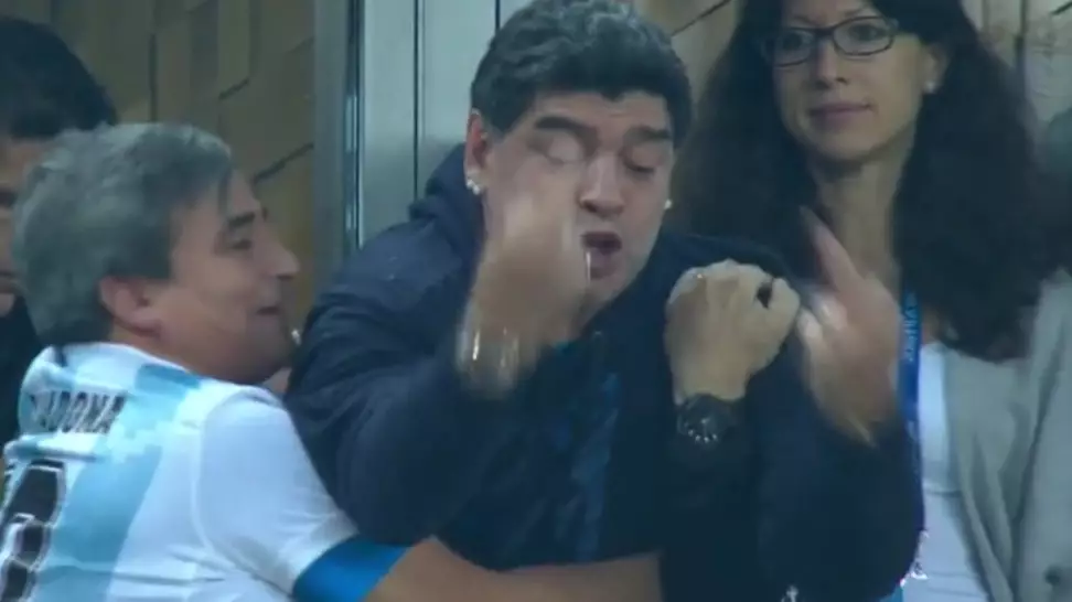 Maradona has been a big presence at the World Cup, here he is swearing at Nigeria fans. Image: PA Images