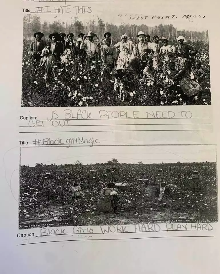 The children were allegedly told to 'write something funny' about post-Civil War pictures.