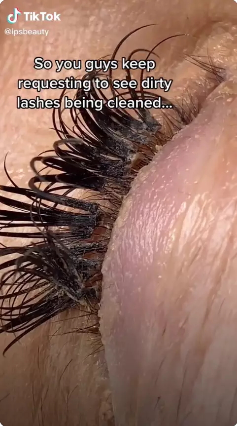 The TikToker shared the shocking video showing her cleaning dirty eyelash extentions (