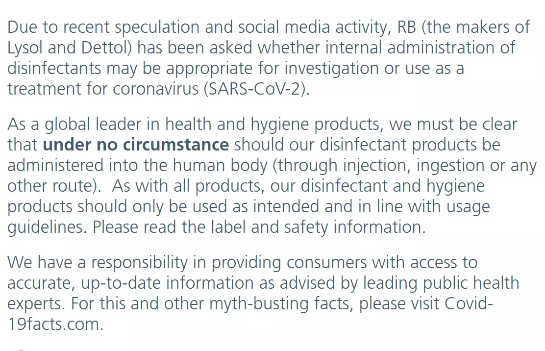 The statement from RB - the makers of Lysol and Dettol.