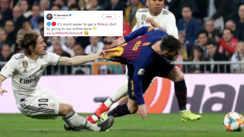 Barcelona Use Picture Of Luka Modric Pulling Lionel Messi's Shirt To Promote His Jersey On Official Store