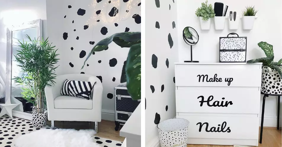 The monochrome feature wall in this teen bedroom works beautifully teamed with fresh potted plants (