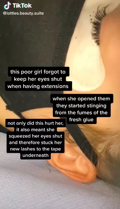This woman's eyelashes stuck fast (