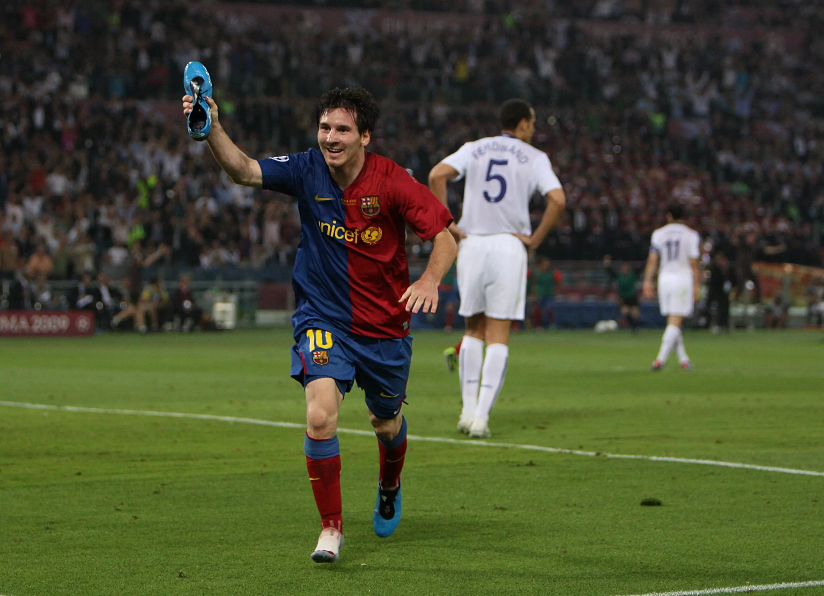 Messi celebrates scoring in the Champions League final. Image: PA