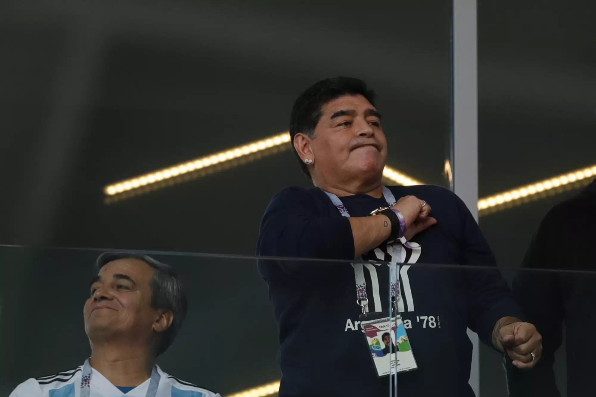 Maradona pounds his chest during Argentina game. Image: PA