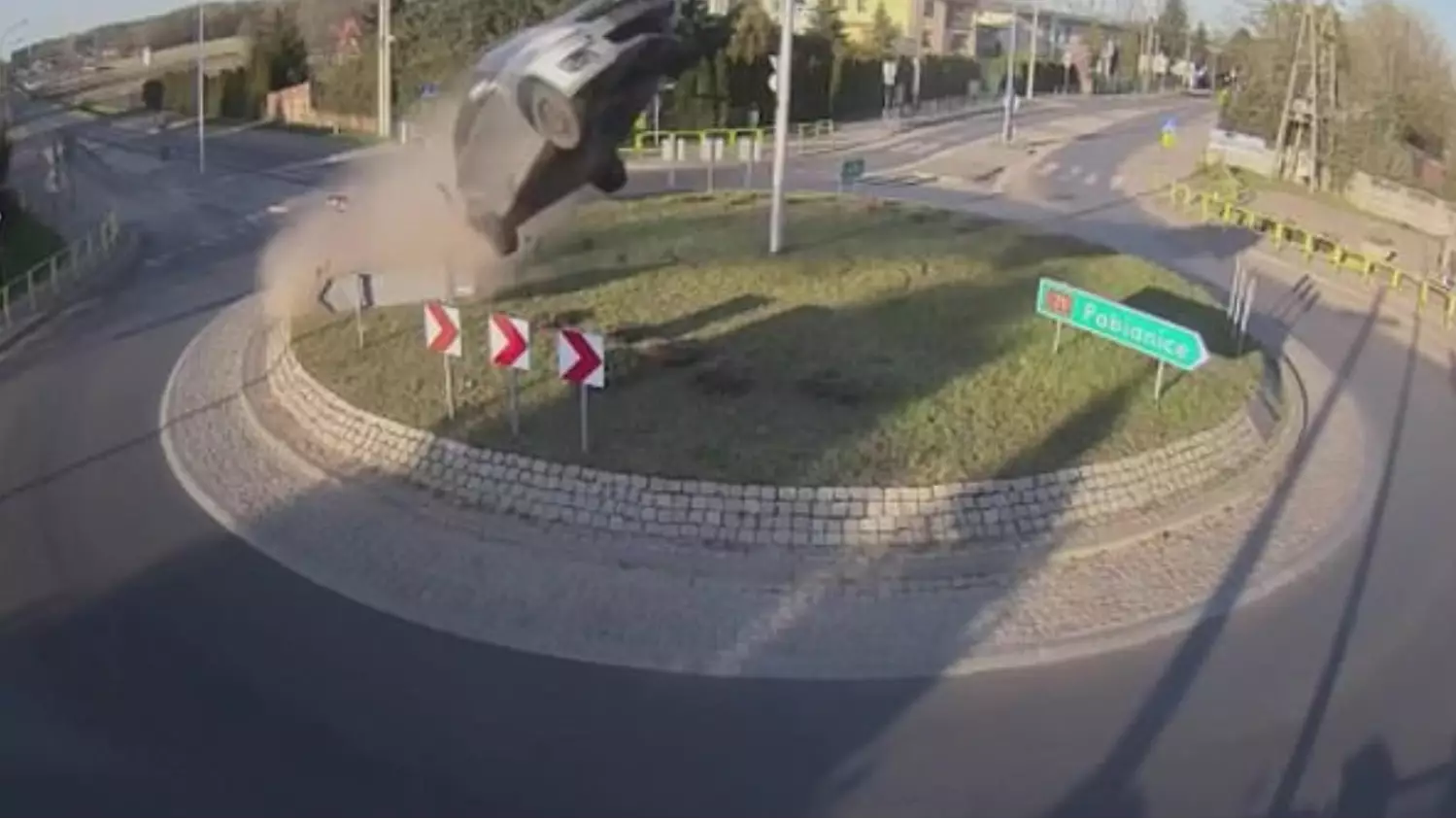 Dramatic Footage Shows Car Soaring Through The Air After Hitting Roundabout.