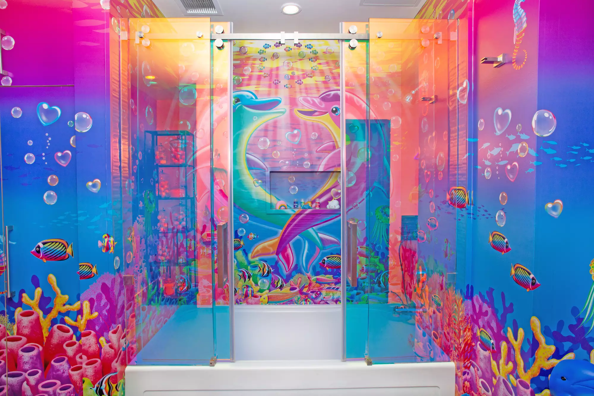This kitsch dolphin bathroom is other-worldly.