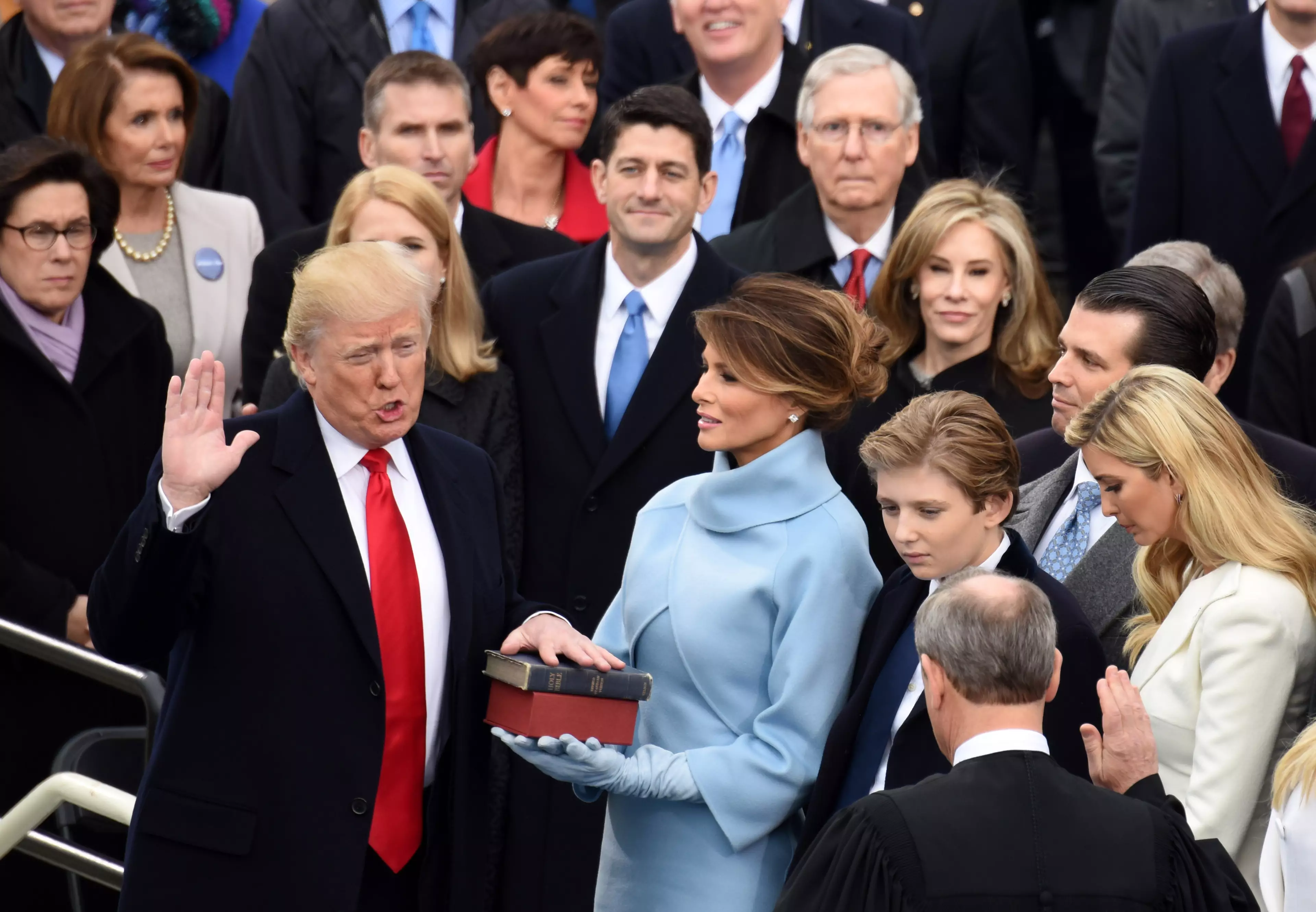 Donald Trump being sworn in 2017.
