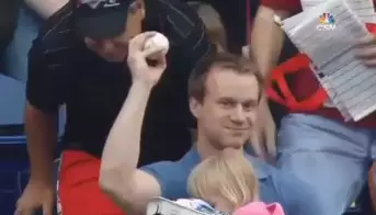 Super-Smooth Dad Lad Extraordinaire Catches Baseball Whilst Sat Down Holding His Daughter