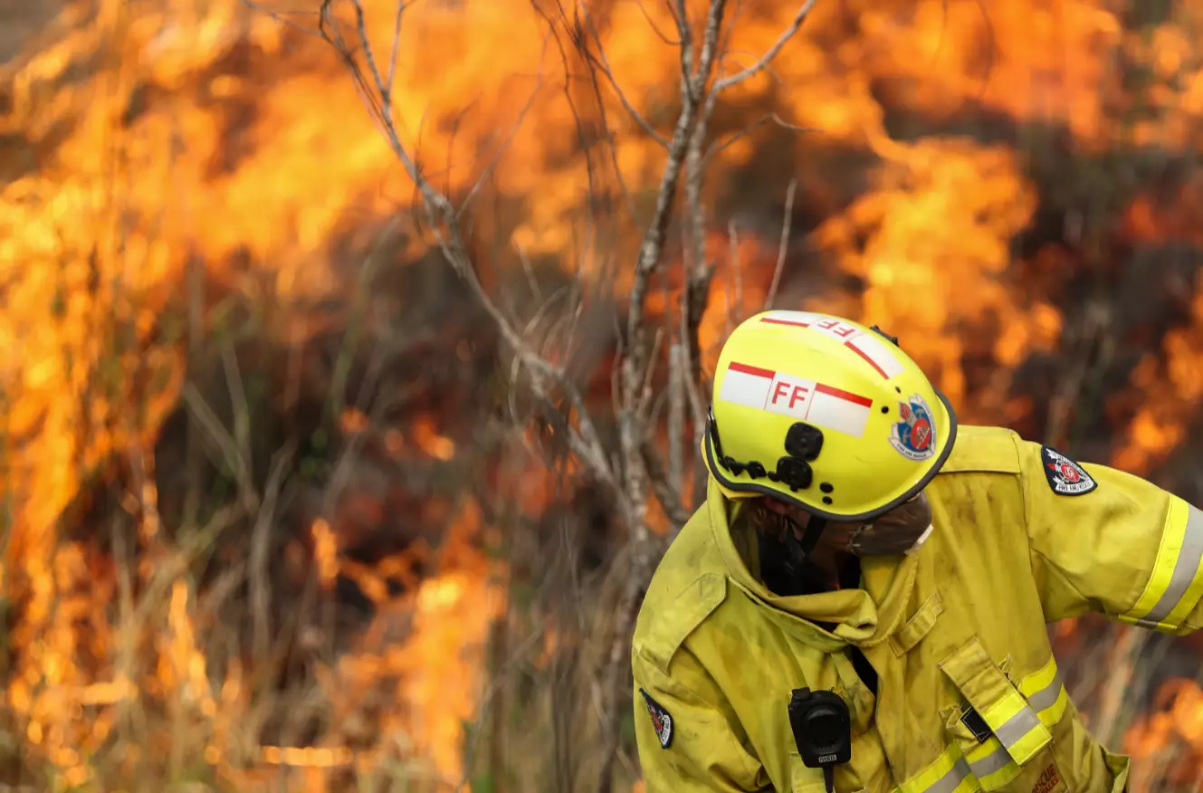 A firefighter battles the flames during bushfires near Taree, New South Wales.